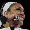 Las Vegas Aces center A'ja Wilson (22) reacts as she wears the 2023 championship ring before a WNBA basketball game Tuesday, May 14, 2024, in Las Vegas.