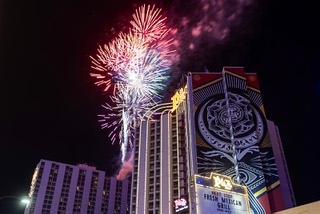 Fireworks explode over the Plaza in downtown Las Vegas Friday, May 24, 2024. The Plaza will have a fireworks show Friday nights at 9:15 p.m. through Aug. 30.