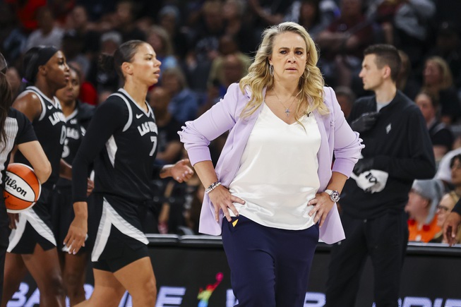 Las Vegas Aces head coach Becky Hammon reacts during the first half of a WNBA basketball game against the New York Liberty Saturday, June 15, 2024, in Las Vegas.
