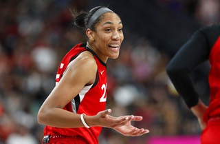 Las Vegas Aces center A'ja Wilson (22) reacts after a play against the Indiana Fever during the second half of an WNBA basketball game at T-Mobile Arena Tuesday, July 2, 2024, in Las Vegas.