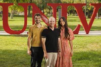 From left, Jess Molasky, chief operating officer for Ovation Development Corporation, Alan Molasky, founder of Ovation Development Corporation and Josie Molasky, design principal for Ovation Development Corporation, pose for a photo at UNLV, Monday, July 13, 2026.