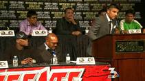 KSNV coverage of a heated press conference before Saturday's boxing match between Floyd Mayweather Jr. and Victor Ortiz, Sept 14, 2011.