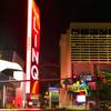 The ESPN studio at the Linq with a view of Caesars Palace in the background.