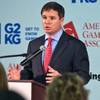 Geoff Freeman, president and CEO of the American Gaming Association,  speaks during a news conference at Aristocrat Technologies in Las Vegas on Thursday, Feb. 12, 2015.