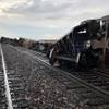 A freight train derailed near Needles, Calif., at the Nevada-California state line on Friday, July 13, 2018.