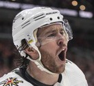 Jonathan Marchessault scored three times, including the go-ahead goal with 2:44 left, to help lead the Vegas Golden Knights to a 5-3 victory over the Detroit Red Wings on Saturday night.

