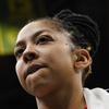 Las Vegas Aces forward Candace Parker reacts during the first half of a WNBA basketball game against the Seattle Storm, May 20, 2023, in Seattle. 