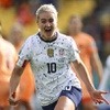 United States' Lindsey Horan celebrates her team's first US goal during the Women's World Cup Group E soccer match between the United States and the Netherlands in Wellington, New Zealand, Thursday, July 27, 2023. 