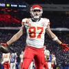 Kansas City Chiefs tight end Travis Kelce (87) scores a touchdown against the Buffalo Bills during the second quarter of an NFL AFC division playoff football game, Sunday, Jan. 21, 2024, in Orchard Park, N.Y. 


