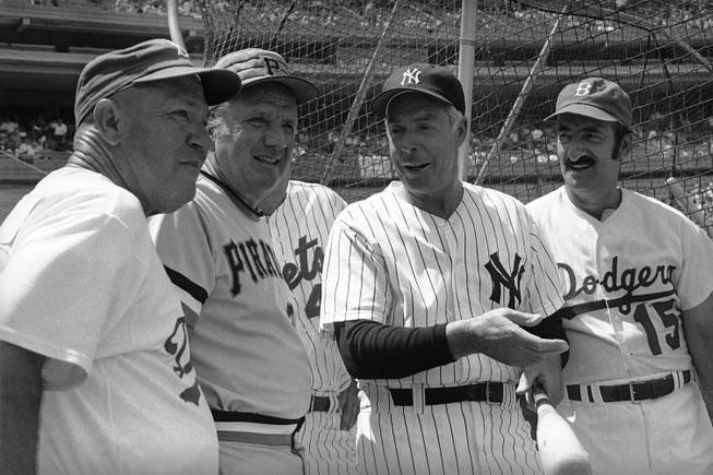 Awaiting batting practice at Old Timers Day in New York on July 18, 1976, staged by the New York Mets are famous baseball names. From left are: Brooklyn Dodgers Pete Reiser; Pittsburgh Pirates Ralph Kiner; New York Yankees Joe DiMaggio and Brooklyn Dodgers Cal Abrams.
