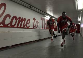 UNLV players run up the ramp to their locker room after defeating the Lobos on Jan. 9 at The Pit in Albuquerque, N.M. The Rebels beat the 15th-ranked Lobos, 74-62.