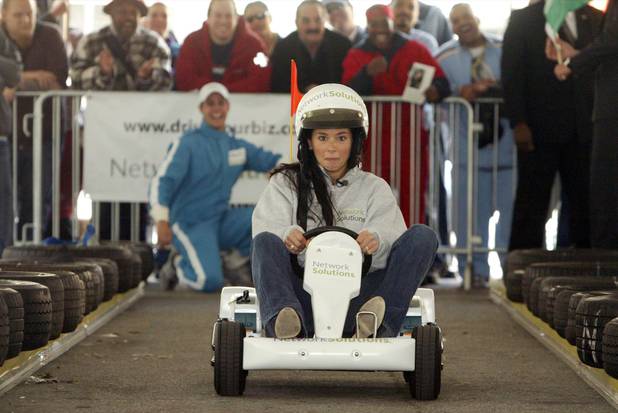 Danica Patrick races a go-kart in Union Square Park, Thursday, ...