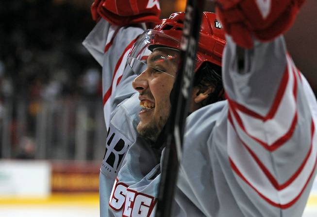 Las Vegas Wranglers forward Mathieu Aubin celebrates a third period Wranglers scored by teammate Chad Nehring against the Utah Grizzlies on Friday night at the Orleans Arena.