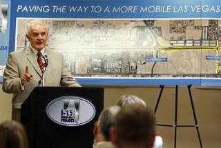 Gov. Jim Gibbons speaks during a news conference on the I-15 Design-Build project Thursday at Las Vegas Paving offices. The $246.5 million project is funded through Assembly Bill 595, which includes funds diverted from room tax revenue.