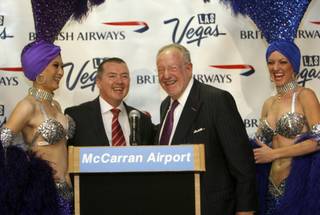British Airways CEO Willie Walsh, left, and Las Vegas Mayor Oscar Goodman laugh after arriving on an inaugural flight for British Airways at McCarran International Airport in Las Vegas, Sunday, Oct. 25, 2009. The new daily non-stop service is between London's Heathrow Airport and Las Vegas. 