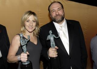 James Gandolfini and Edie Falco backstage at the 14th Annual Screen Actors Guild Awards on Sunday, Jan. 27, 2008, in Los Angeles.  
