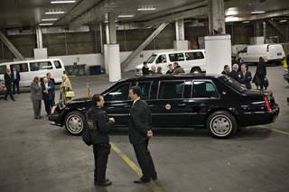 The presidential limousine, security and motorcade stage in the loading dock area of The Venetian while waiting for the arrival of President George W. Bush. Bush was in Las Vegas to deliver a speech to the Nevada Policy Research Institute and attend a Republican fundraiser on Thursday, Jan. 31, 2008.