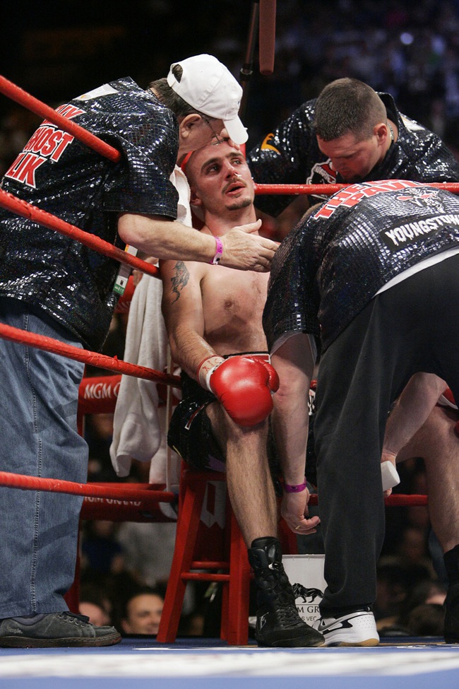 Pavlik is checked out in his corner during the fight. Pavlik landed more punches than his opponent, but at a lesser rate. 