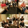 Executives of the Geara Group are dressed for a day of work, left, and for a night of play, right. From left, seated, are Rachael Hartwill, Kate Stump, Etna Carr and Allen Ferguson, and standing, Ann Hanford, Jerome Johnson, Debra Davenport, Cynthia Hill and Lisa Copeland. 