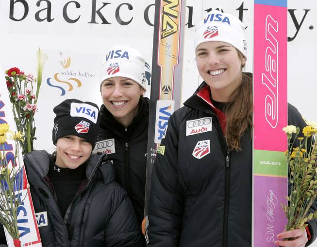 United States' Sarah Hendrickson, Jessica Jerome and Abby Hughes, left to right, stand on the podium after the ladies' Nordic combined U.S. Nationals skiing event Saturday, March 15, 2008, at Utah Olympic Park in Park City, Utah. Jerome won, Hendrickson finished second and Hughes third. 