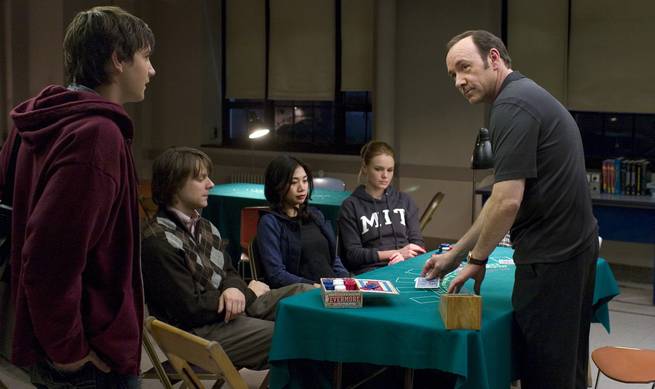 From left, Jim Sturgess, Jacob Pitts, Liza Lapira, Kate Bosworth and Kevin Spacey appear in "21," about MIT students who took Vegas for millions.