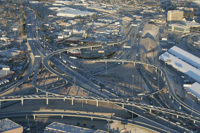 A view of the Spaghetti Bowl interchange taken from a KLAS-TV helicopter in 2006. The Spaghetti Bowl is where State Route 564, I-215, I-515, U.S Route 93 and U.S Route 95 converge. Las Vegas' record growth and the ensuing traffic problems created the necessity for interchanges and bypasses like the Spaghetti Bowl.