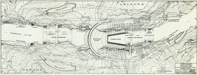 A map of Hoover Dam shows how the concrete dam ...