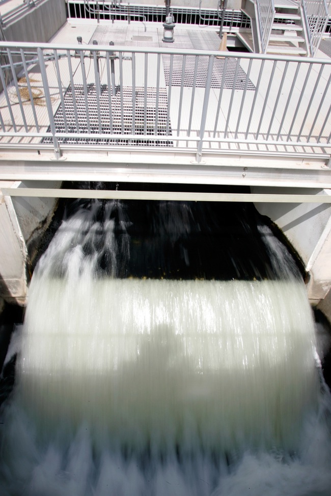 Treated water flows out of the plant. For a community urinalysis study, drops of untreated wastewater were collected incrementally over 24 hours on March 20 and tested for the presence of drugs.