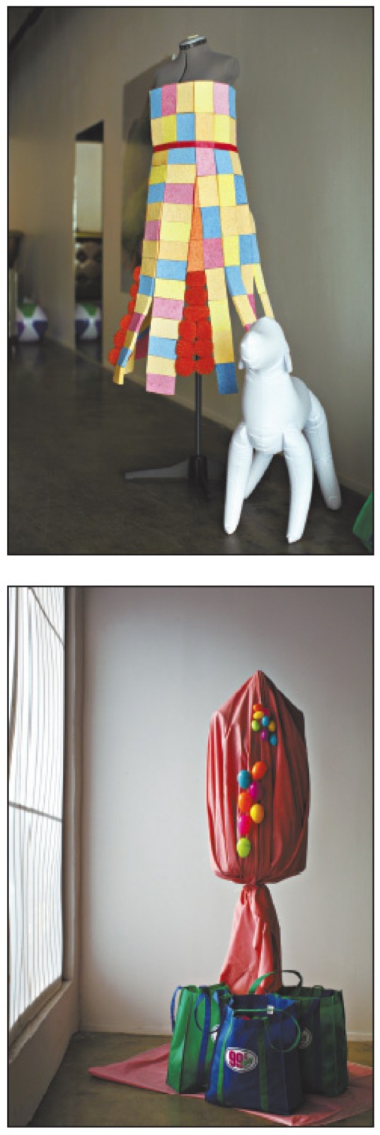 A dress made of sponges, top, is one of Barcus-Slonina's artworks. A portion of the Easter egg dress hangs on a stand.