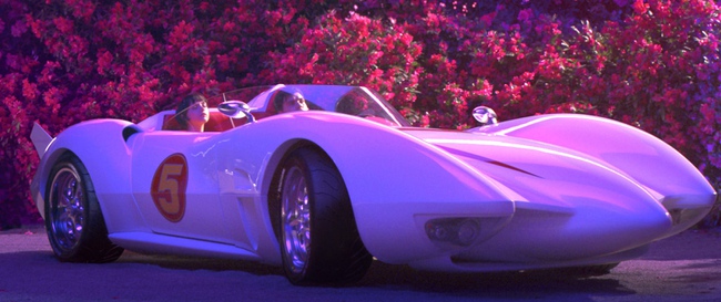Speed Racer drives car No. 5. The Mach 5 was made in Japan.