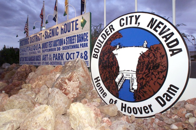 Signs in Boulder City at the intersection of U.S. 93 and Buchanan Boulevard welcome guests to the town. The city prohibited gambling at its inception and is one of two cities in Nevada where gambling is illegal. In 1969, Boulder City legalized the sale of alcohol.