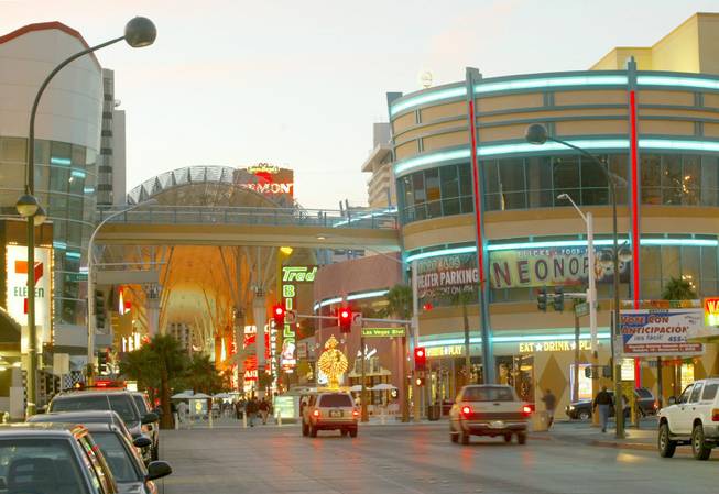 The intersection of Fremont Street and Las Vegas Boulevard shows Neonopolis and the Fremont Street Experience. Neonopolis was part of a 10-year renovation program for the downtown area.