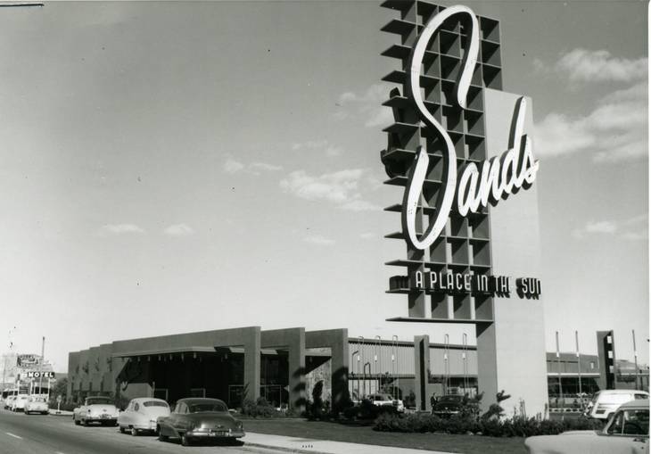 Cars line the Las Vegas Strip in front of the Sand Casino in this 1950s photo. The Sands opened on Dec. 15, 1952 and was the seventh casino to open on the Strip. The Sands was most famous as the home of the Rat Pack, and its Copa Room hosted many legendary performances. The hotel was imploded on Nov. 16, 1996 to make way for the Venetian Hotel.