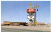 The marquee of the Aladdin hotel advertises the Jackie Mason Show in this Aladdin hotel postcard. Part owner Sorkis Webbe was indicted for a $1 million scheme during the hotel's expansion in 1979. 
