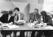 Stardust hotel-casino owners Al Sachs and Herb Tobman confer with their attorneys as they appear in 1984 before state gaming regulators who alleged that $1.6 million had been skimmed from the casino on their watch. Sachs and Tobman eventually agreed to surrender their licenses and pay a then-record $3.5 million fine.