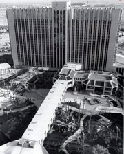 An aerial shot of the Tropicana. After initially being sent to Los Angeles to control the mob's interest in Hollywood, Johnny Rosselli was moved to Las Vegas to oversee the construction of the $50 million Tropicana. 