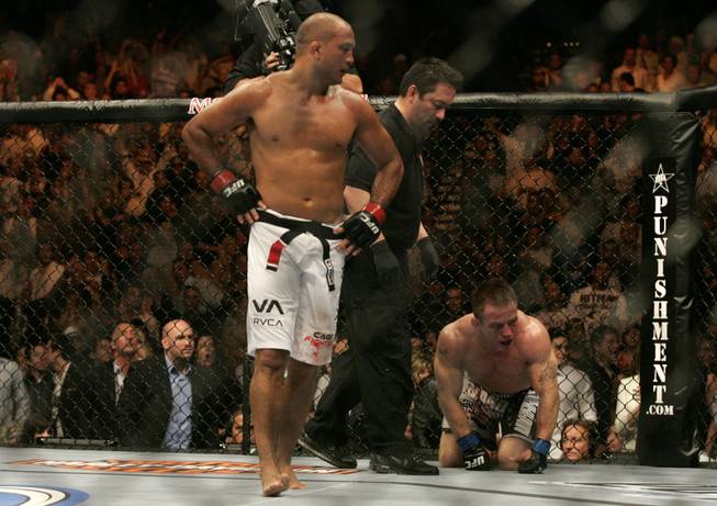 B.J. Penn walks away from Sean Sherk after forcing a third-round stoppage in May of 2008. Penn will take on Georges St. Pierre on Jan. 31, 2009 at the MGM Grand.