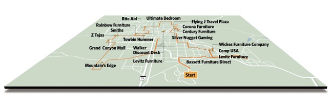 <strong>CORRECTION:</strong> A map that accompanied a story in Monday's Sun about the economic slowdown in the Las Vegas Valley incorrectly named six businesses that were not among the ones mentioned in the story as struggling or shuttered. The map was plotted by the reporter to identify businesses he would visit during his reporting. After his drive around town, he sent an e-mail to the graphic artist instructing him to remove the names of businesses that, it turned out, would not have a role in the story. That e-mail was misunderstood by the artist, who did not remove the names of the businesses, which are open and operating. Those businesses are Basset Furniture Direct, Century Furniture, Corona Furniture, Flying J Travel Plaza, Silver Nugget Gaming and Walker Discount Desk.