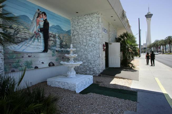 The First Wedding Chapel in Las Vegas, so named because it is the first chapel encountered driving north into downtown Las Vegas,  opens as wedding chapel owners face complaints about handbillers accosting couples as they leave the Marriage Bureau.