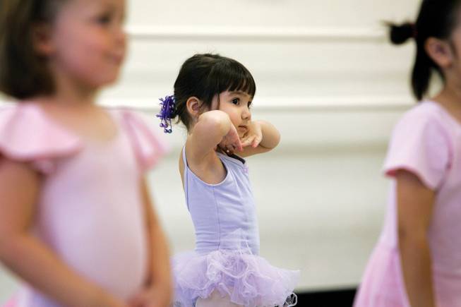 
Cilia Rockwell, 3, takes part in the first week of the Academy of Nevada Ballet Theatre Creative Dance Camp. More than 20 girls, ages 3 to 8, prepare for and put on a new production each week.