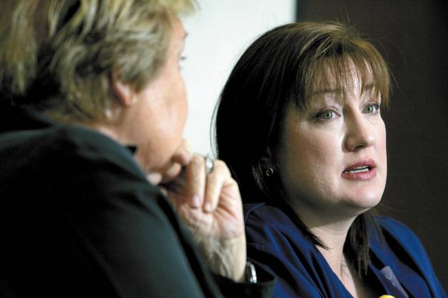 Shauna Hamel, right, SEIU Nevada's successor to Vicky Hedderman as president, responds to a question during an interview at the Las Vegas Sun in May as Helen Miramontes, a past president of the California Nurses Association, listens.
