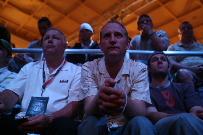Shawn Madsen, of Polson, Mont., center, and others watch the $50,000 buy-in World Series of Poker H.O.R.S.E. event final table, at the Rio Convention Center on Sunday night, June 29. 
