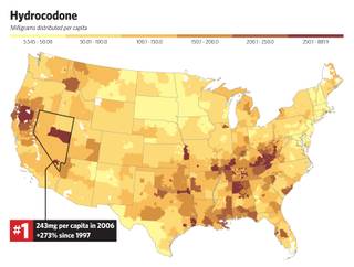 The following map shows the per capita consumption by the first three digits of ZIP codes throughout the United States. This maps illustrates how Nevada's rate of hydrocodone use ranks among the highest.