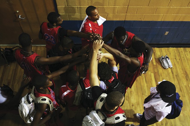 The RAIDERS of Philadelphia huddle after winning a game Wednesday. The Great Falls pair look for big and/or athletic players. But 