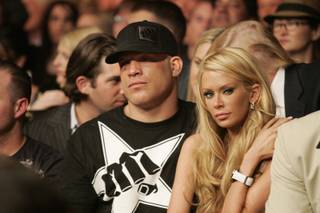 Retired porn actress Jenna Jameson sits with her boyfriend, Tito Ortiz, after his fight at UFC 84 on May 23 at the MGM Grand Garden Arena. Ortiz left the UFC following his loss to Lyoto Machida at UFC 84 over conflicts with president Dana White.