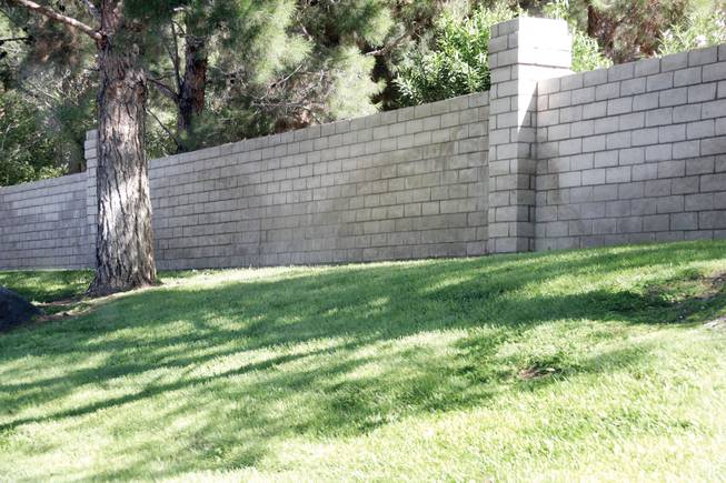 Water stains caused by sprinkler systems can be seen on the outside of a wall separating a homeowners association near Wigwam Parkway and Pecos Drive from city-owned land.
