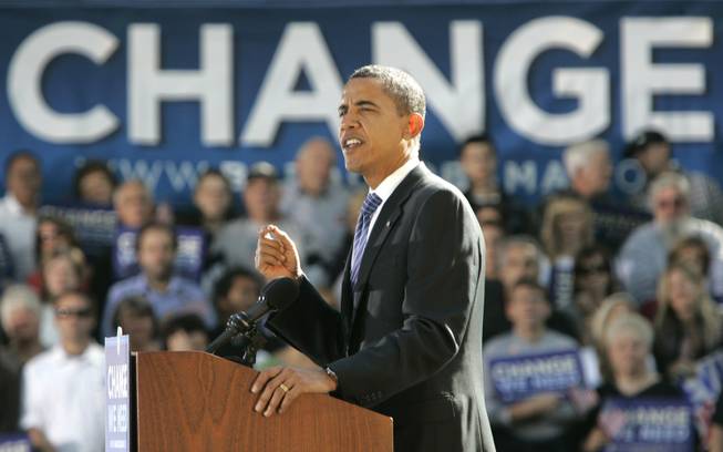 Democratic presidential candidate, Sen. Barack Obama, D-Ill., gestures while speaking at a rally at the University of Nevada, Reno, Nev., Tuesday, Sept. 30, 2008. Obama called for Americans to support the rescue plan for the financial sector and told them that if Wall Street fails, ordinary people will be hurt, too. 