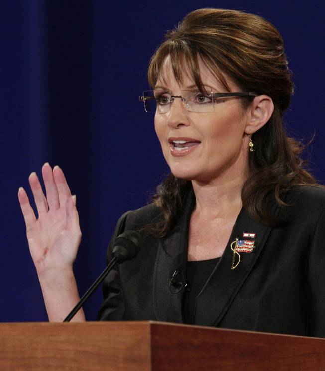 Republican vice presidential candidate Alaska Gov. Sarah Palin speaks during a vice presidential debate at Washington University in St. Louis, Mo., Thursday, Oct. 2, 2008. 