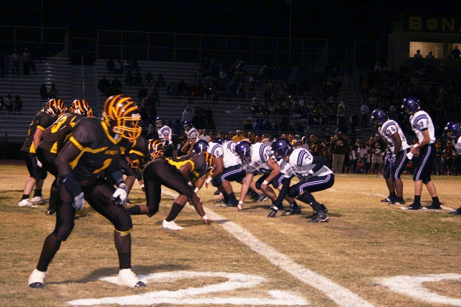 The Bonanza defensive line sets up to take on the Durango offense during Friday night's homecoming matchup. 