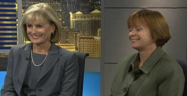 Supreme Court candidates Kris Pickering, right, and Deborah Schumacher, recently debated on Jon Ralston's "Face to Face" political news show on Cox Cable Channel 8.  